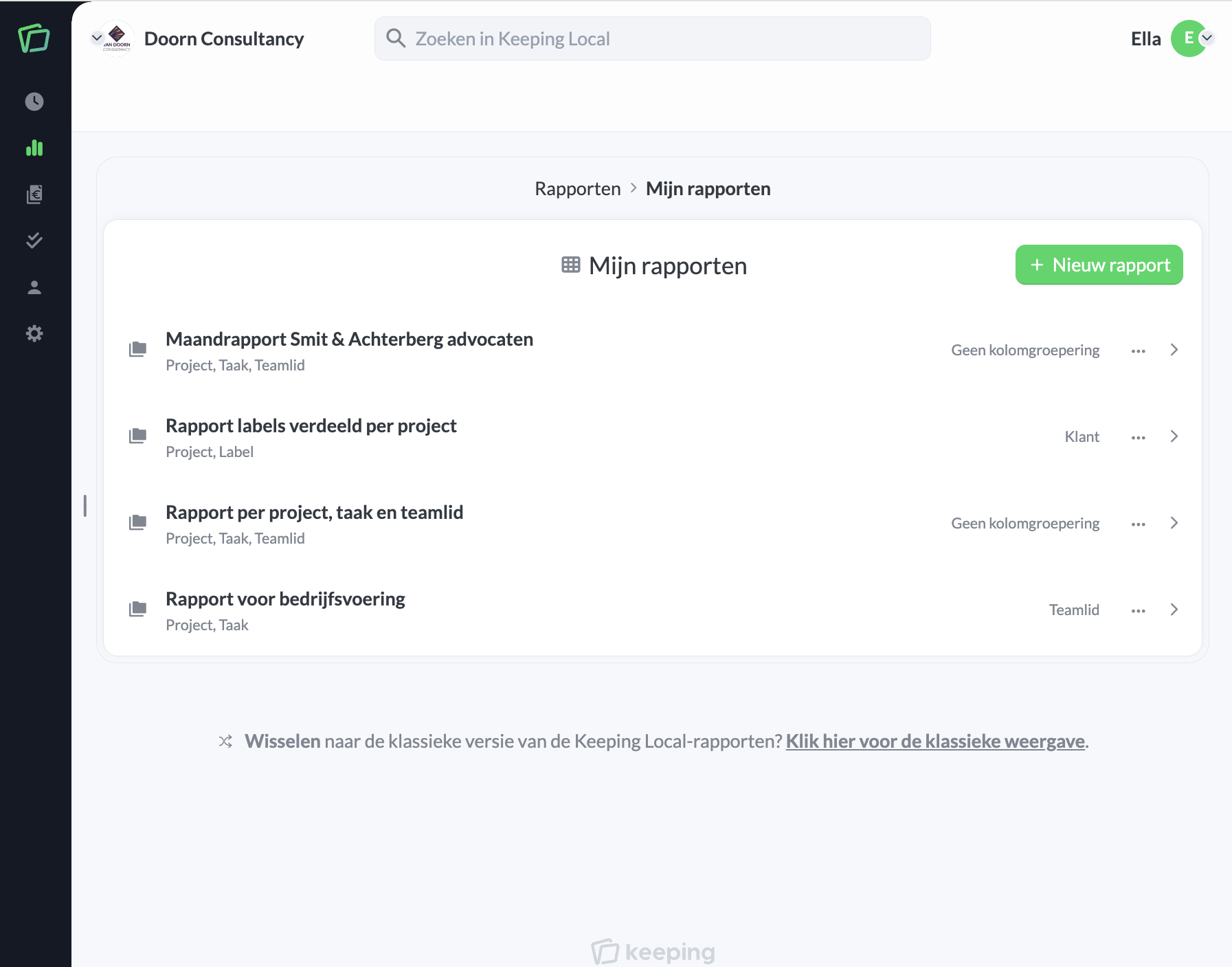 Overview of saved reports within My reports