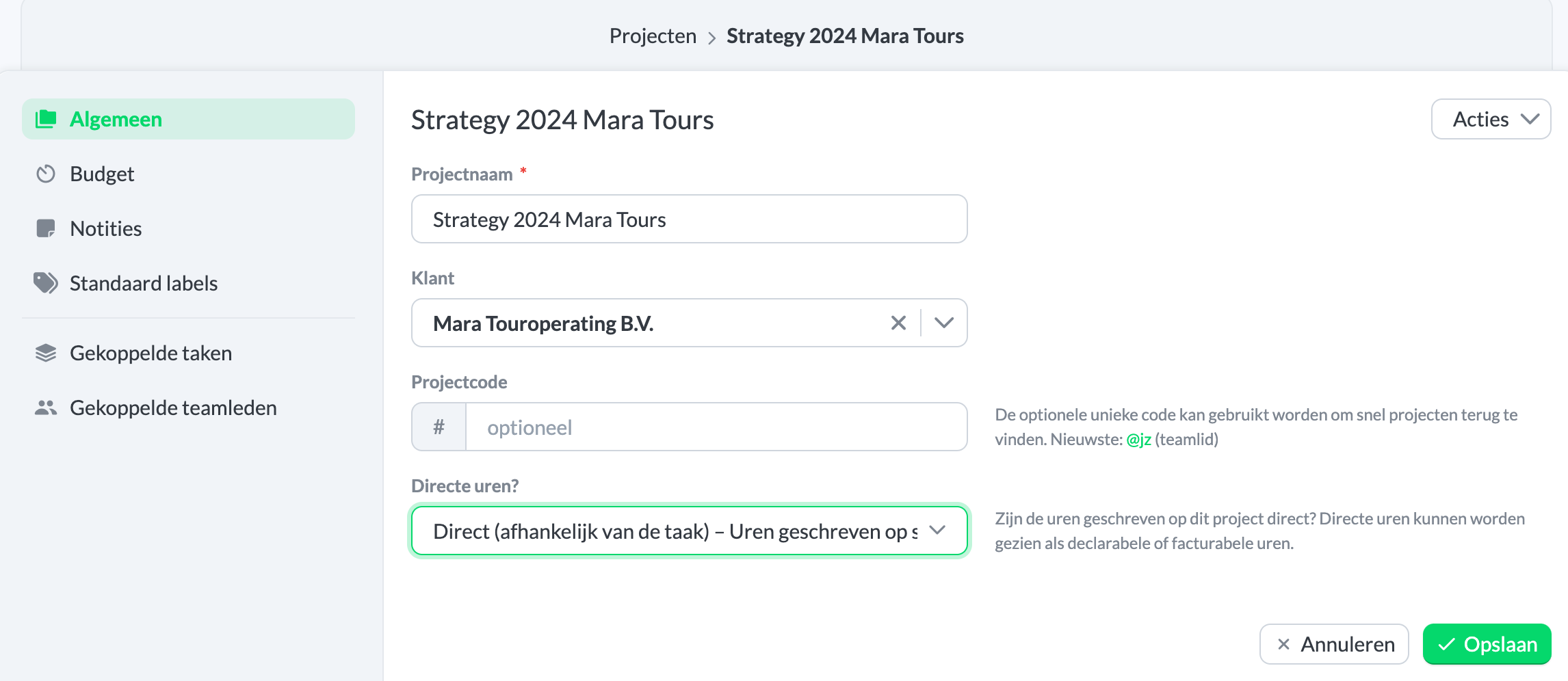 Setting direct hours for projects