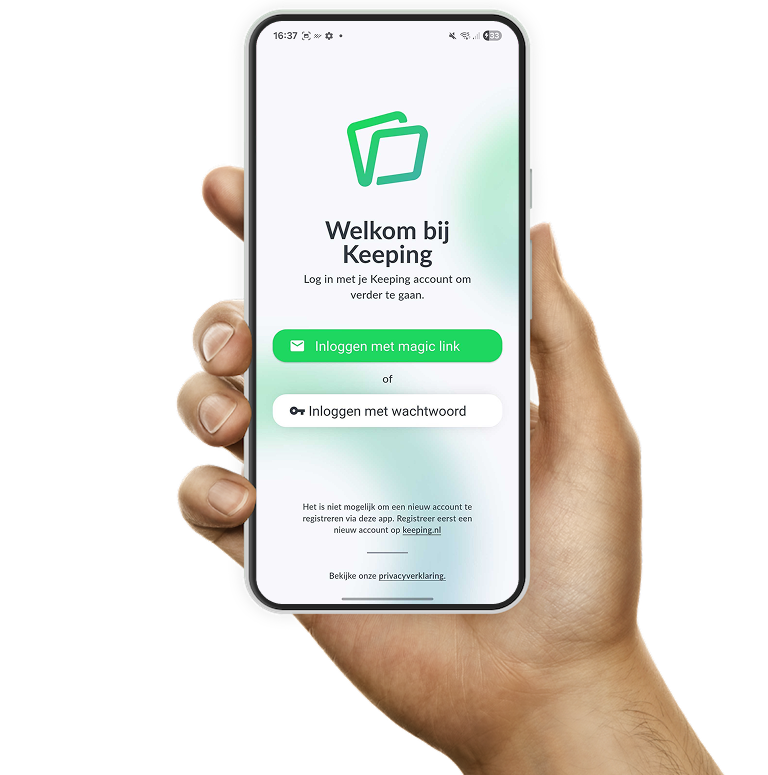 De Android-applicatie van Keeping met het voorbeeld voor het snel inloggen zonder wachtwoord, met de magische link