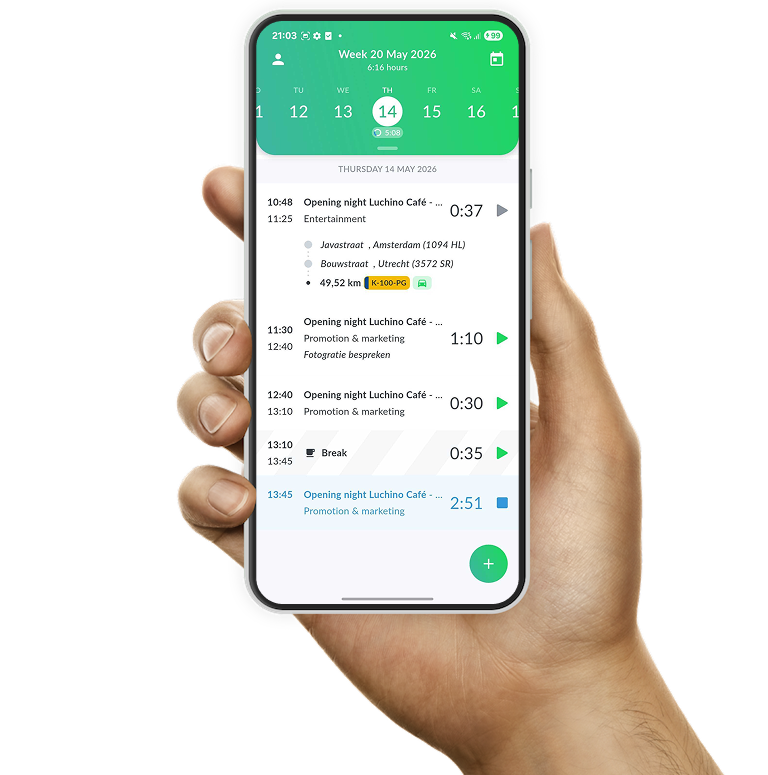 The time tracking app of Keeping, showing the daily overview of all tracked time