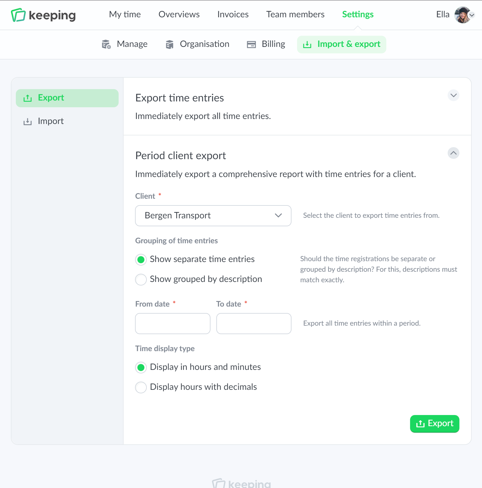 Overview of time registration specifically set per task