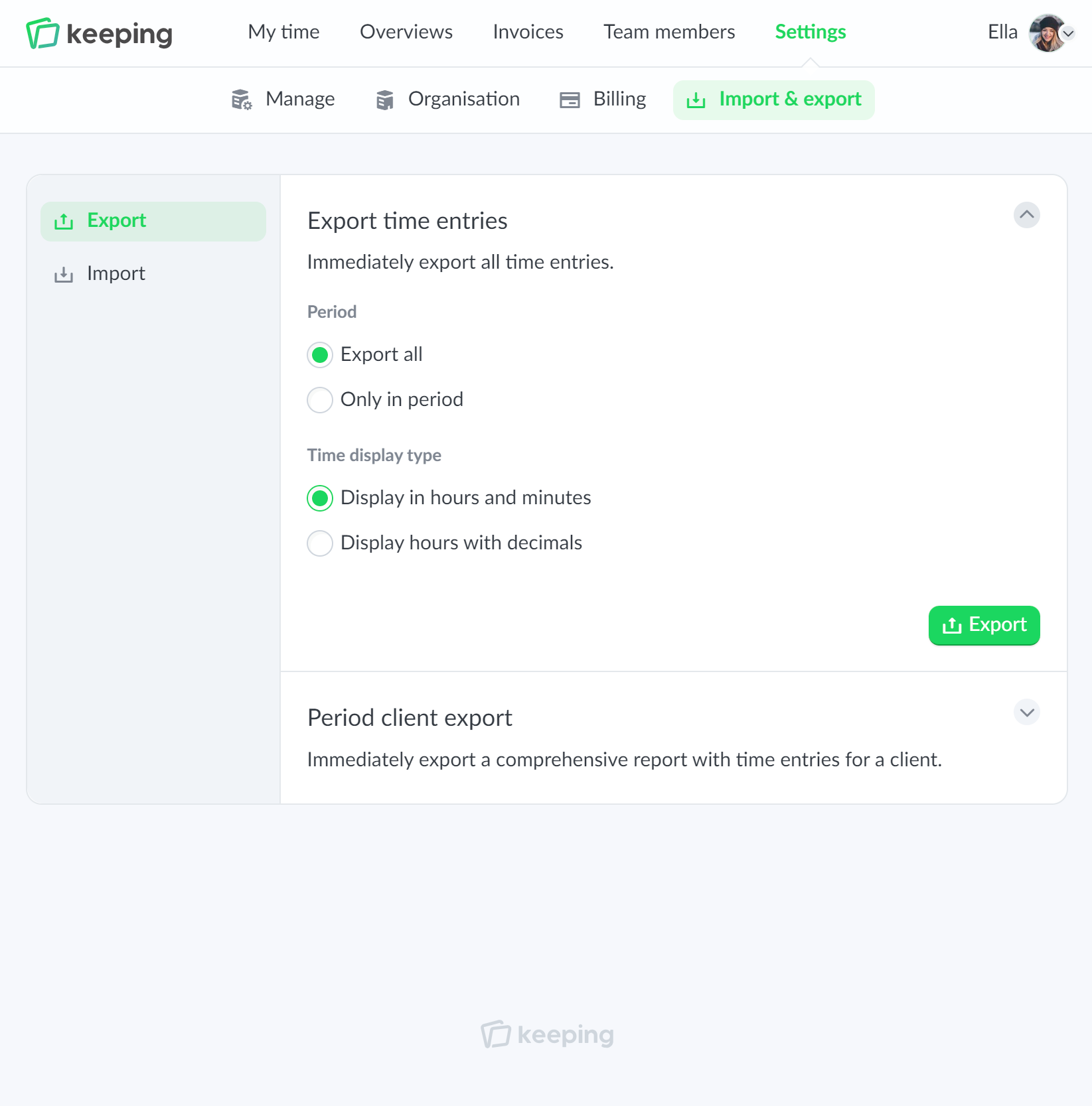 Overview of time registration specifically set per task with export options