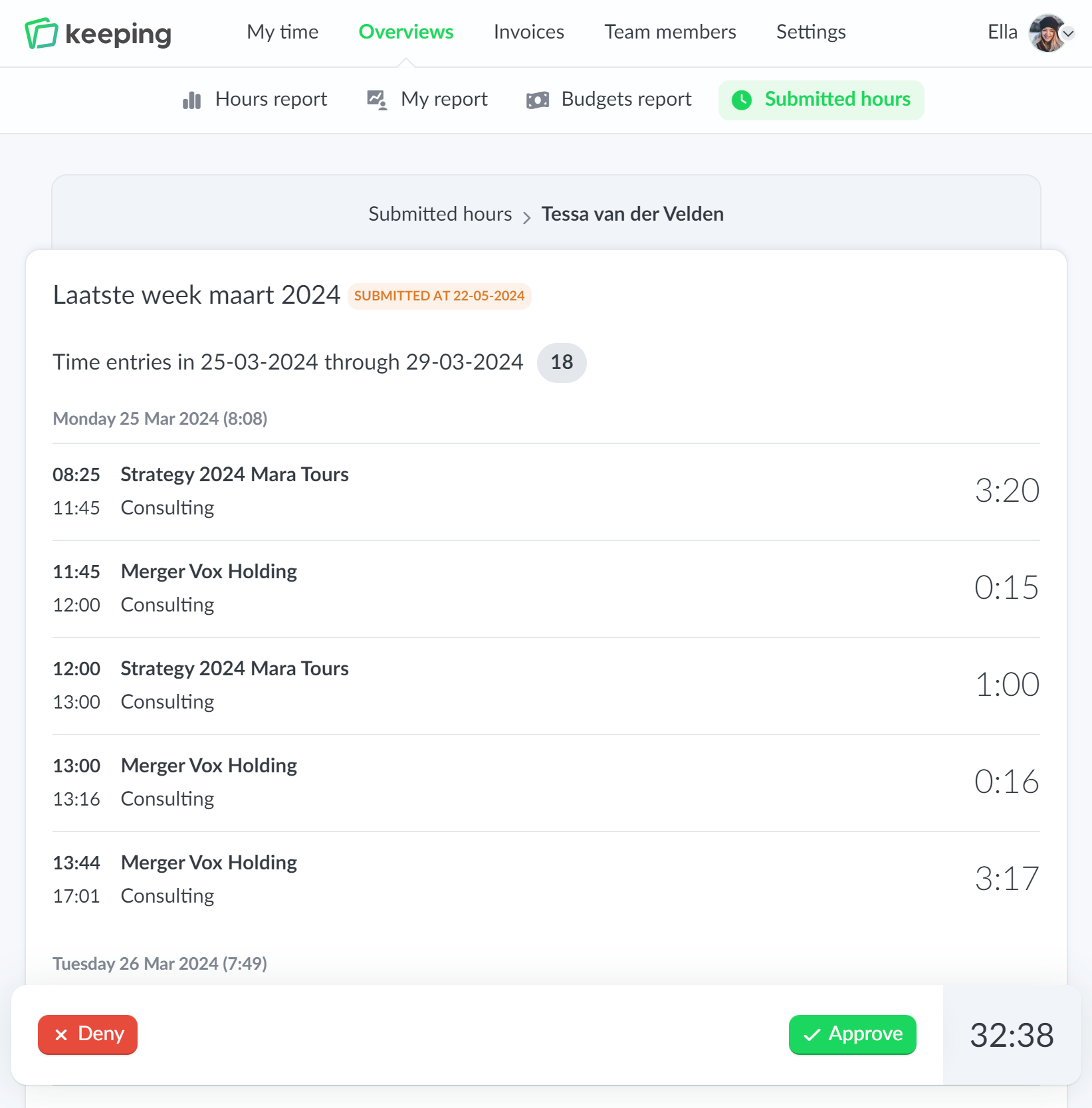 Approving submitted hours for the manager or supervisor
