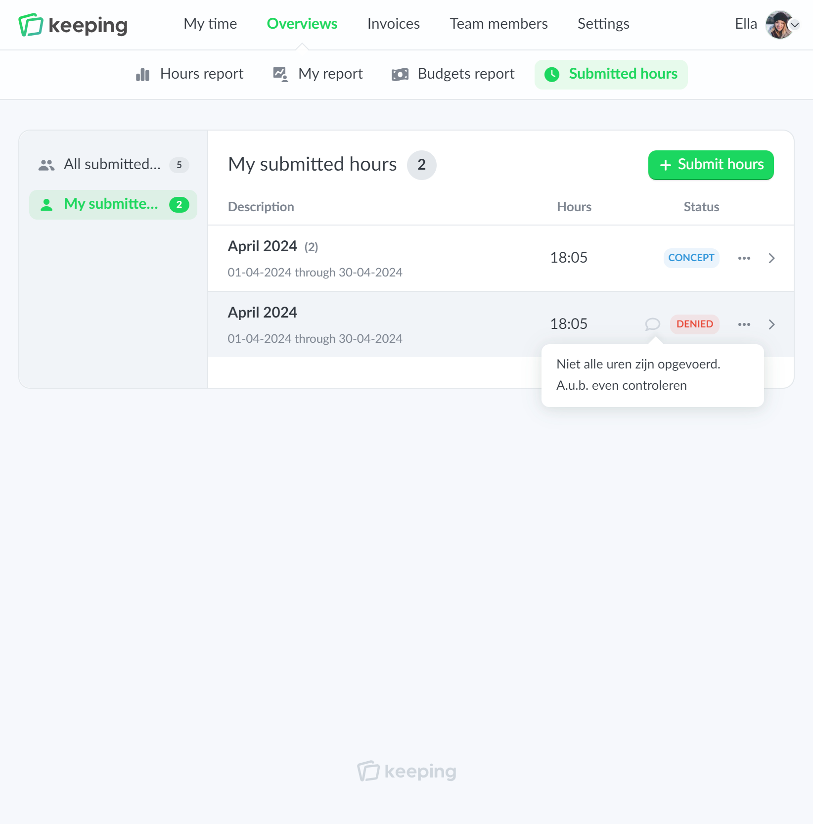 Overview of submitted hours by team member