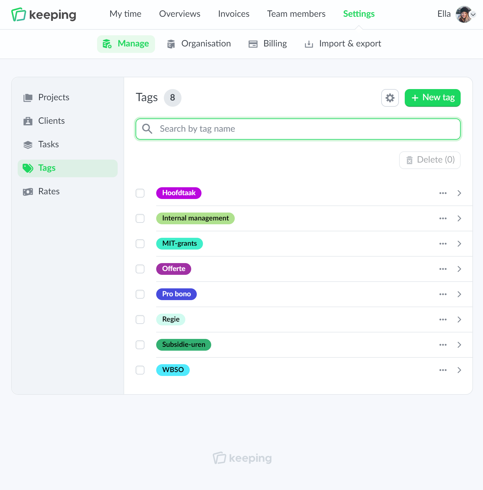 Overview of tags management settings as a list