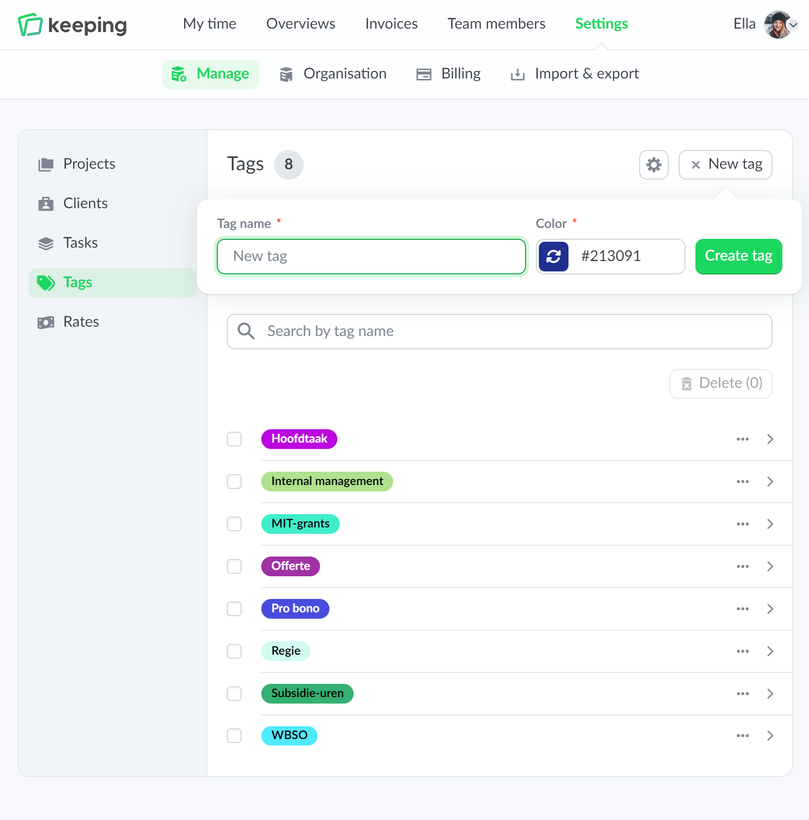 Overview of tags settings as a list
