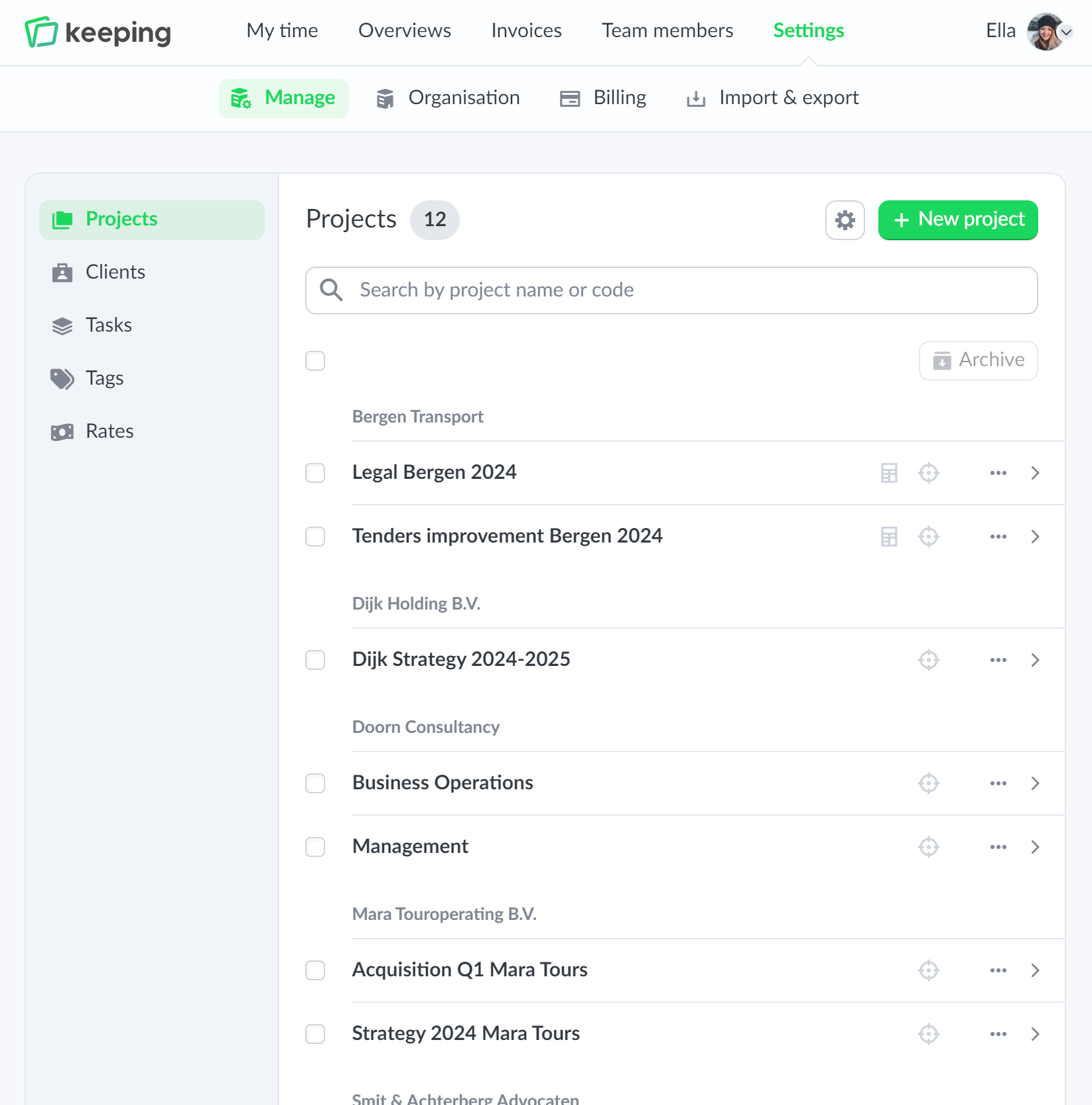Overview of projects in the settings as a list