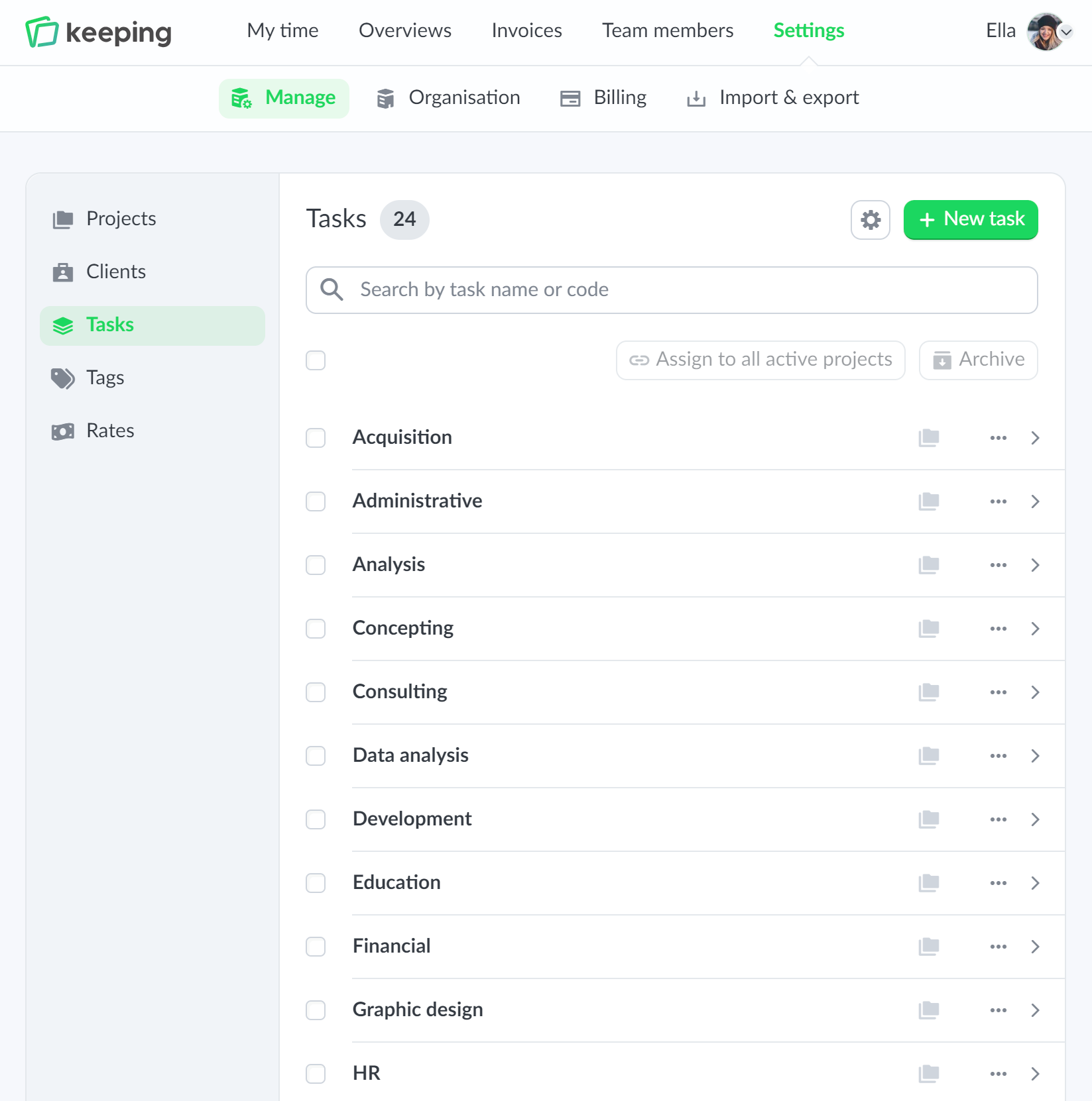 Overview of tasks settings as a list
