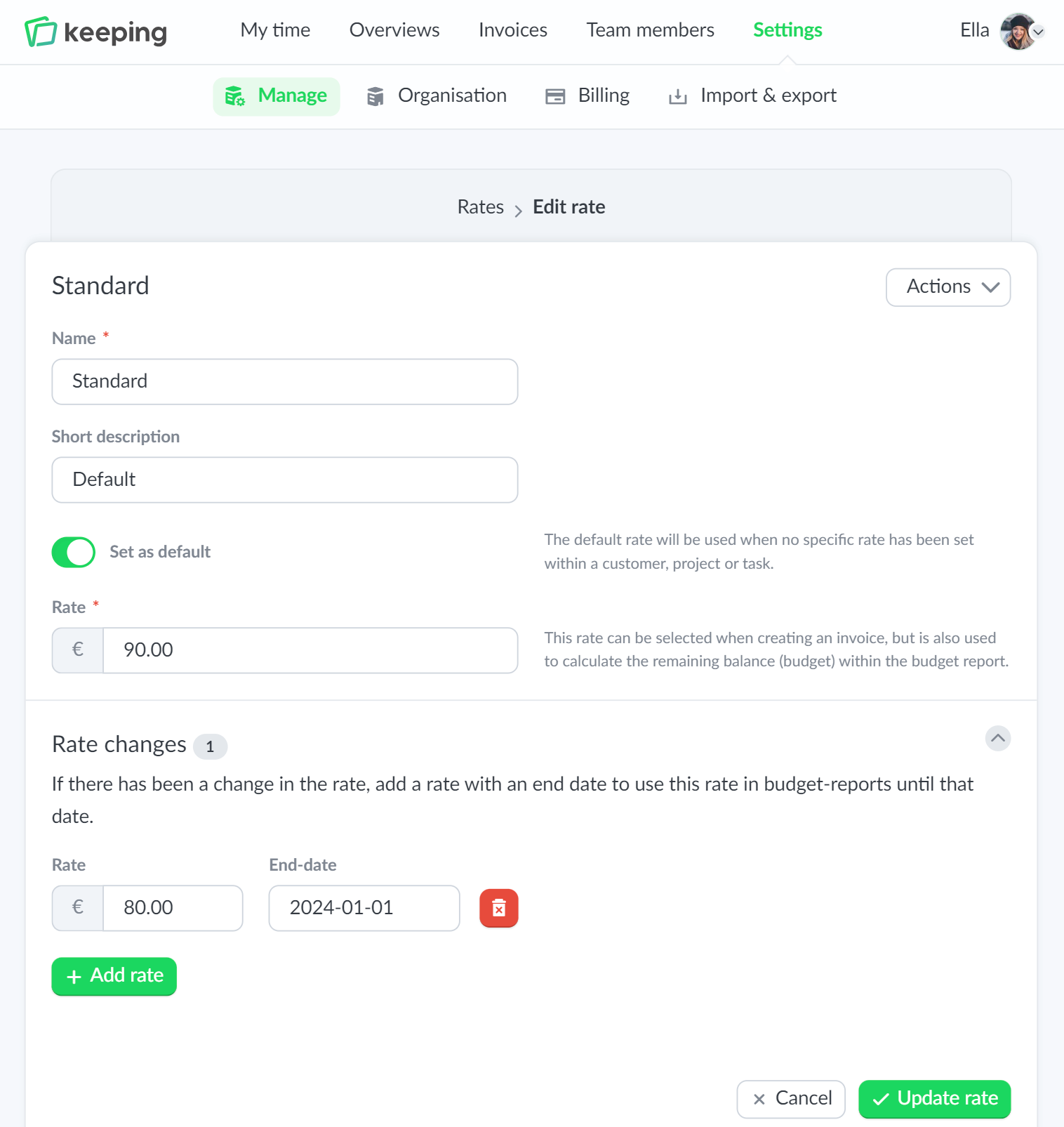 Overview of rate settings specifically configured for task hours