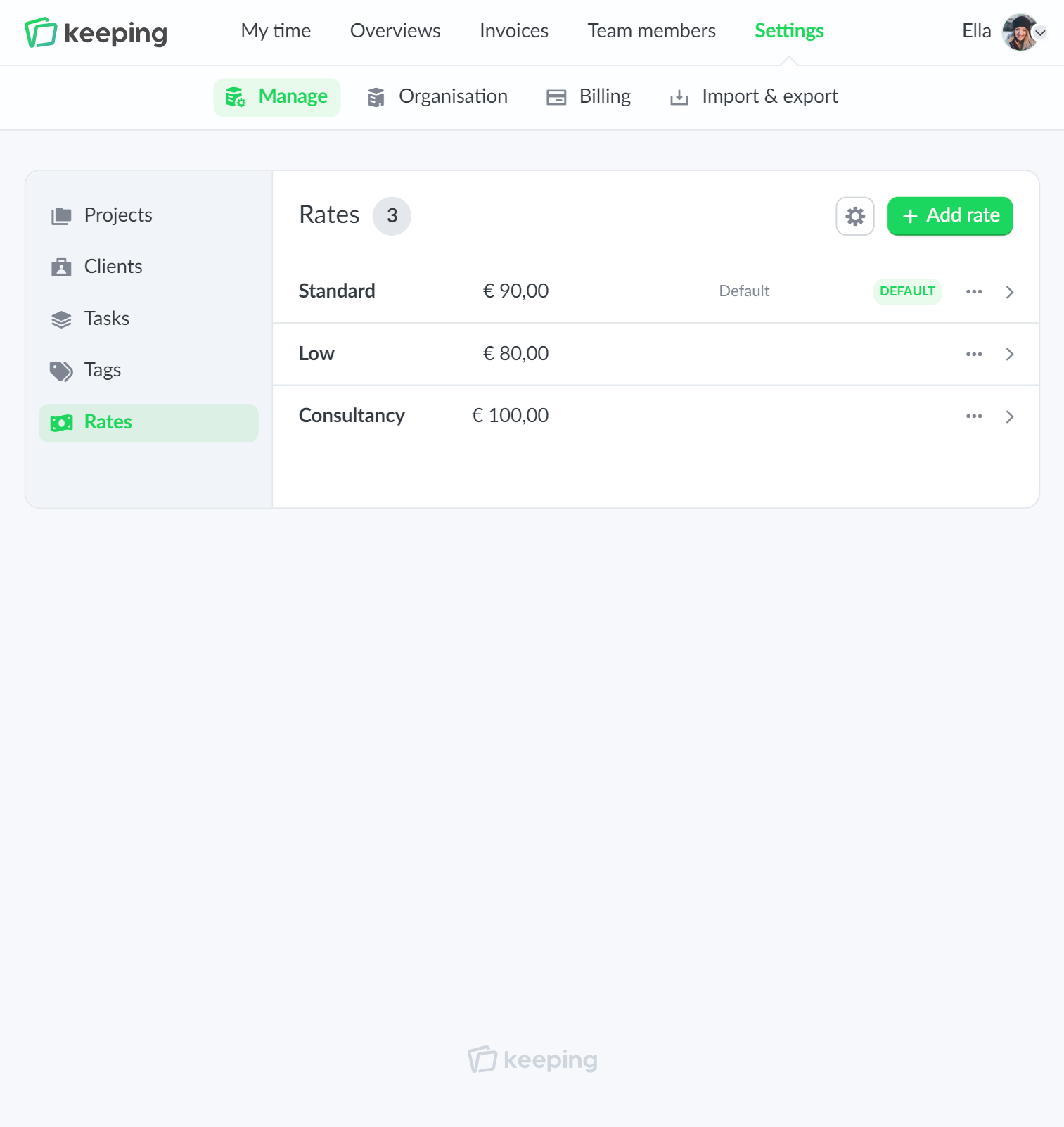 Overview of rate settings specifically configured for task hours
