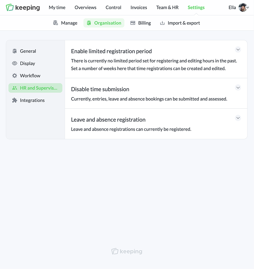 Settings for HR and control