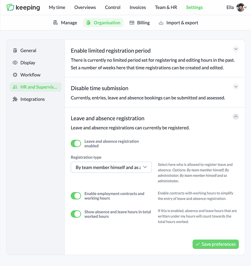 Settings for HR and control
