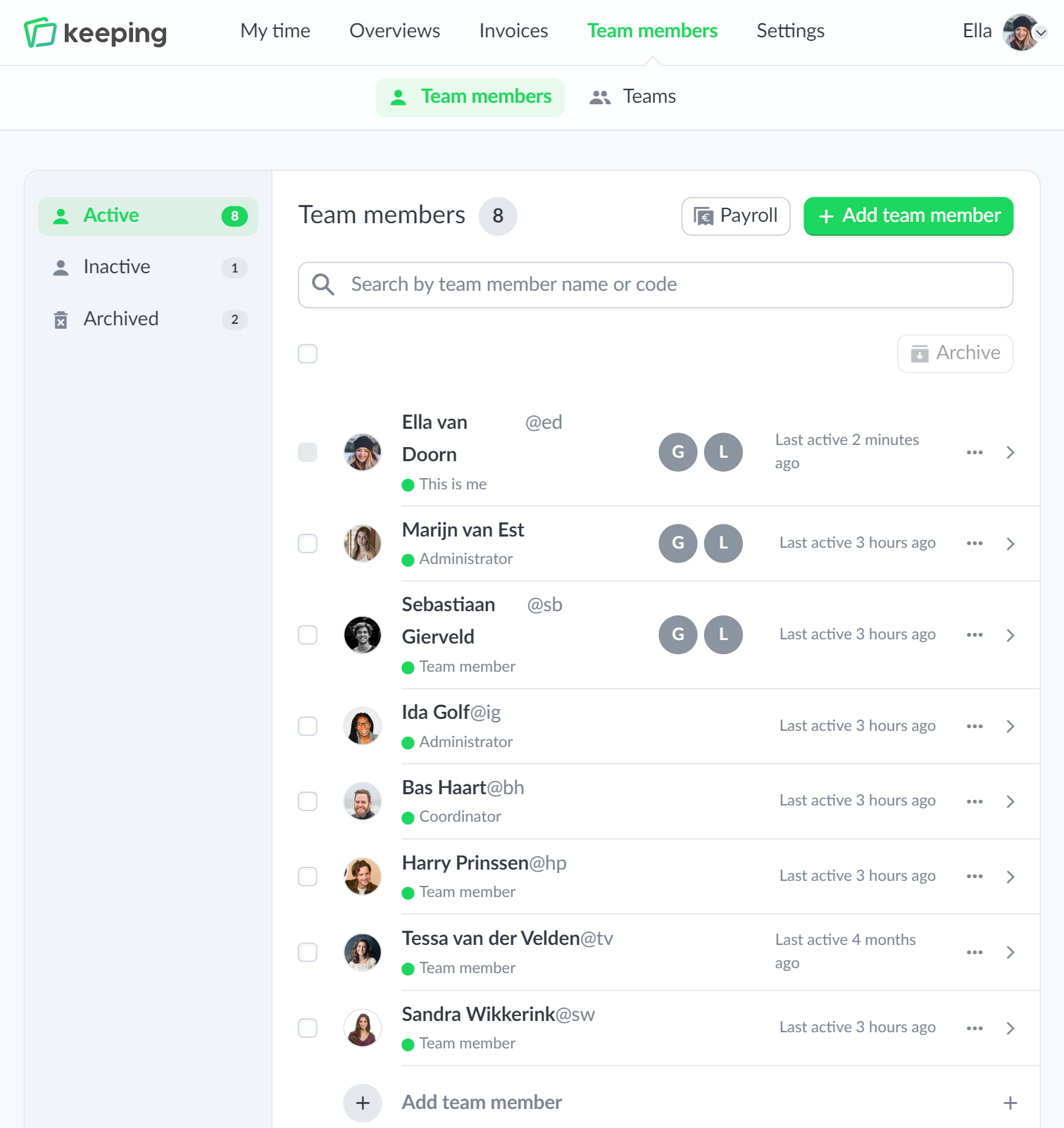The team overview of Doorn Consultancy, with options to view a team member's hours, for example