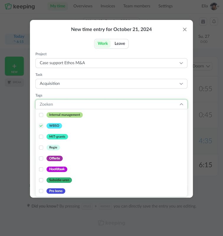 Start a new time entry with tags