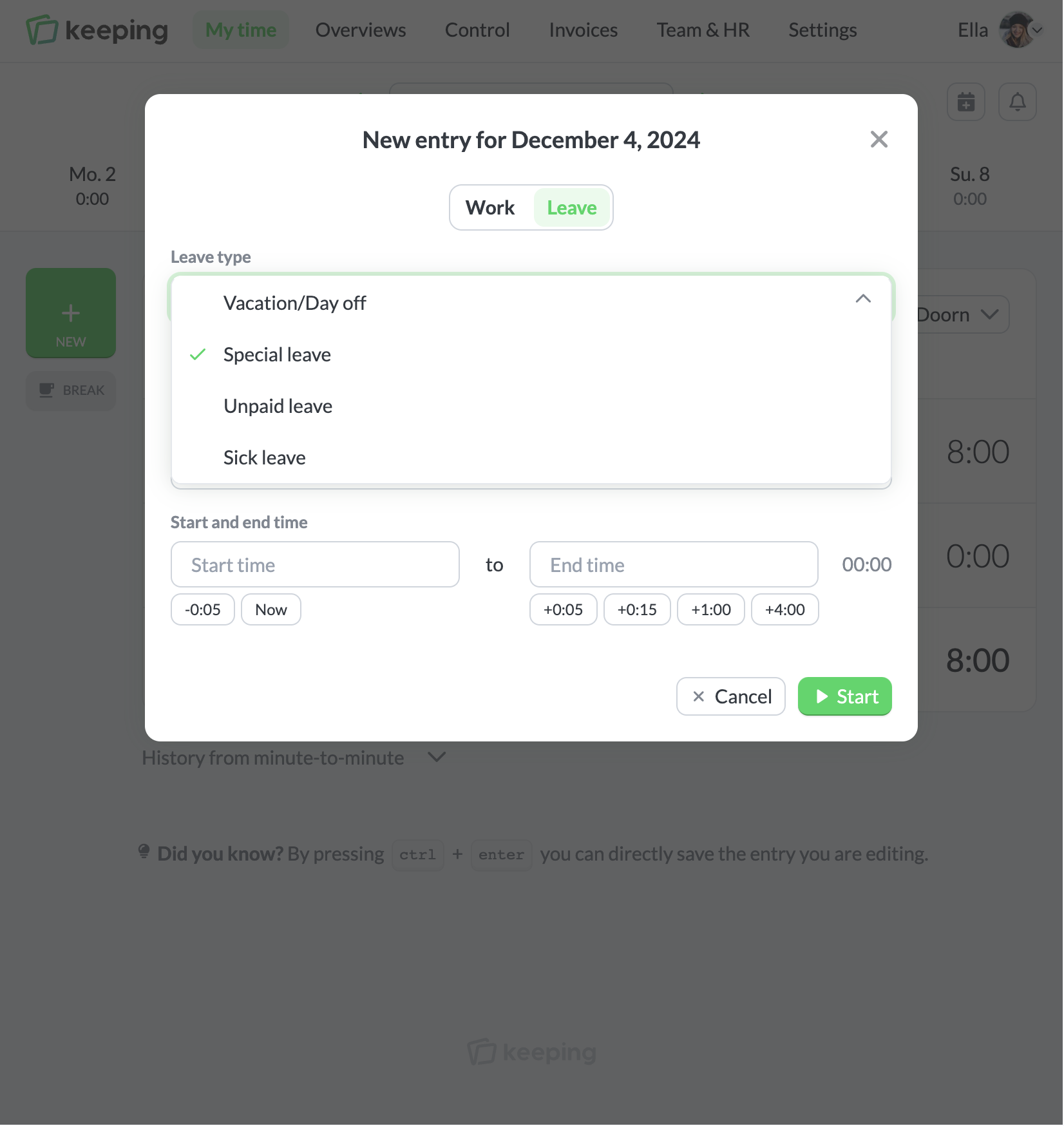 Entering leave via the timesheet