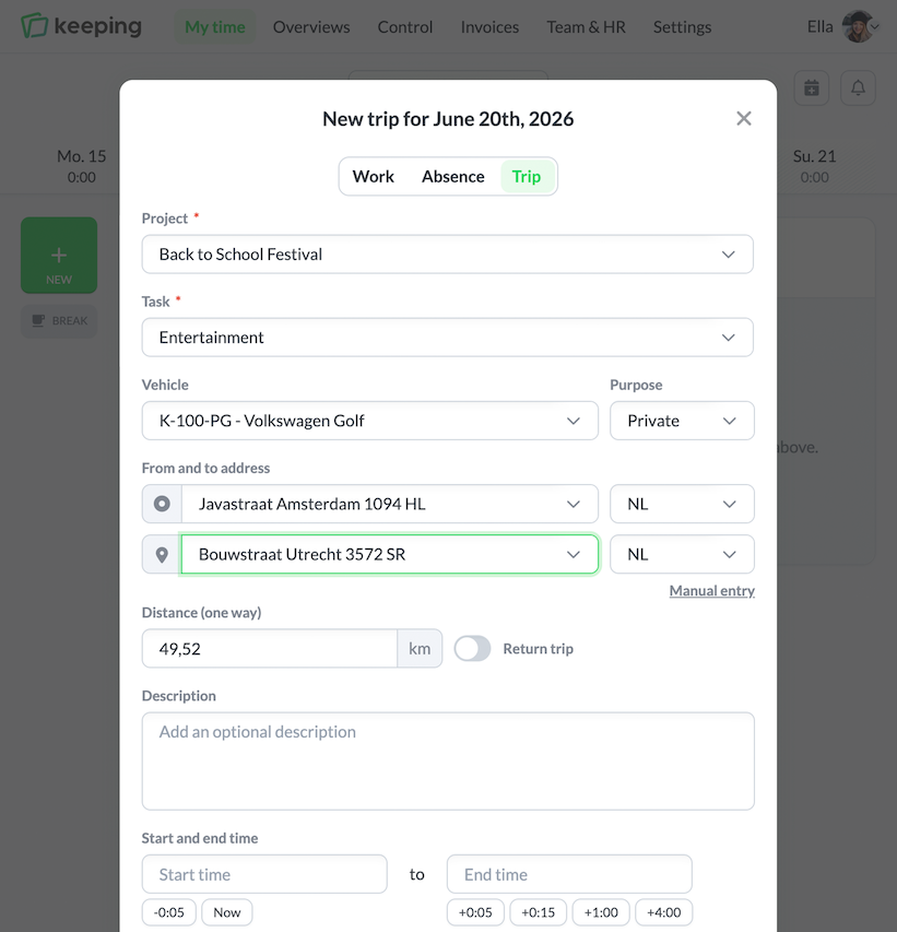 Logging a trip in Keeping
