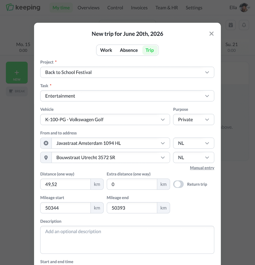 Logging a detailed trip in Keeping