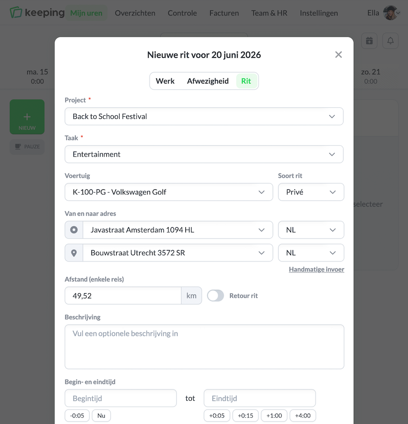 Rit registreren in Keeping