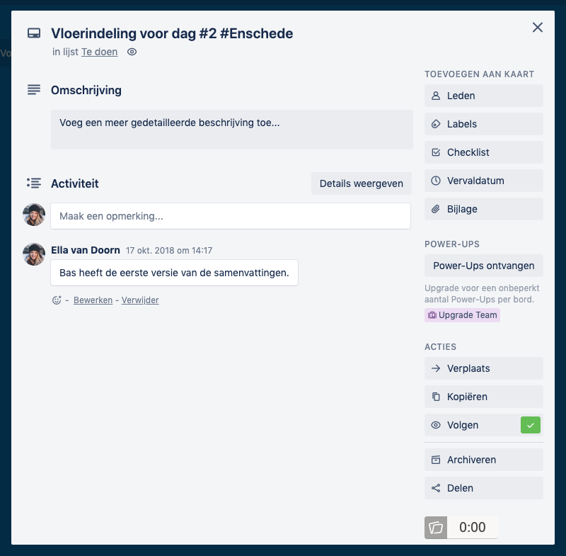 Met de groene knop start je een nieuwe tijdregistratie vanuit Trello