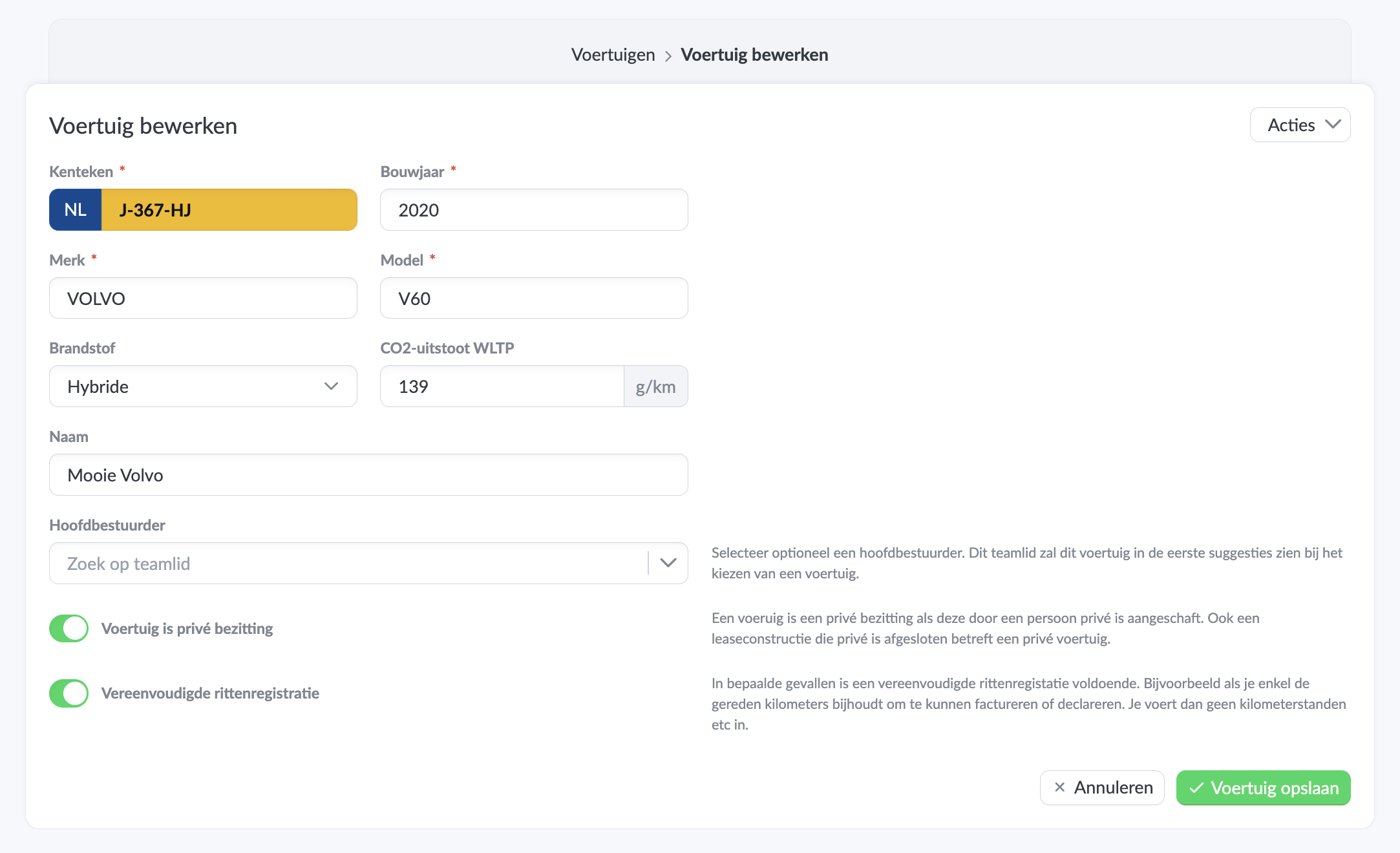 Voertuig toevoegen. Hier zie je het toevoegen van een voertuig